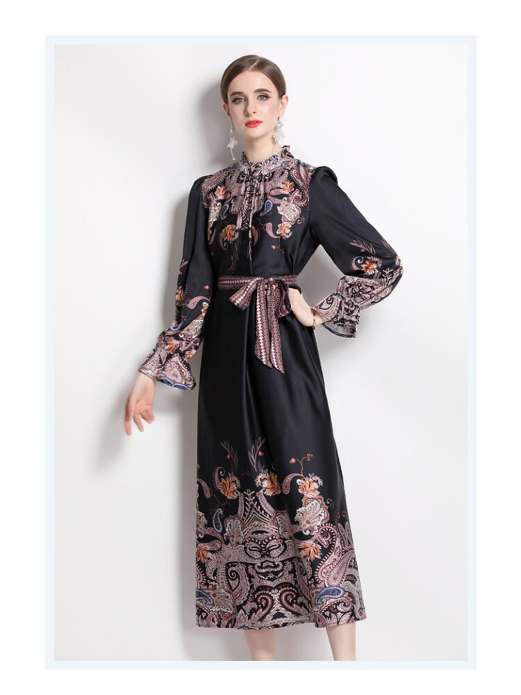 Royal pattern midi dress puffy sleeves slim cut, designer woman long one piece dress Smart Causal/ Formal/ Party/ Prom Wedding/ office