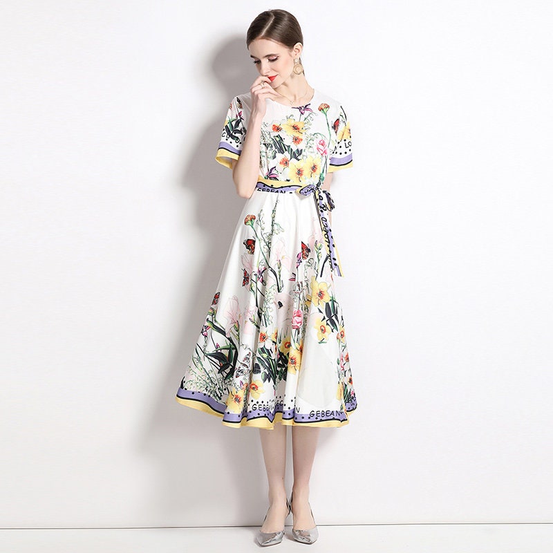 Floral print colorful midi dress, designer woman elegant long one piece dress Smart Causal/ Formal/ Party Event/ Prom Wedding/ office