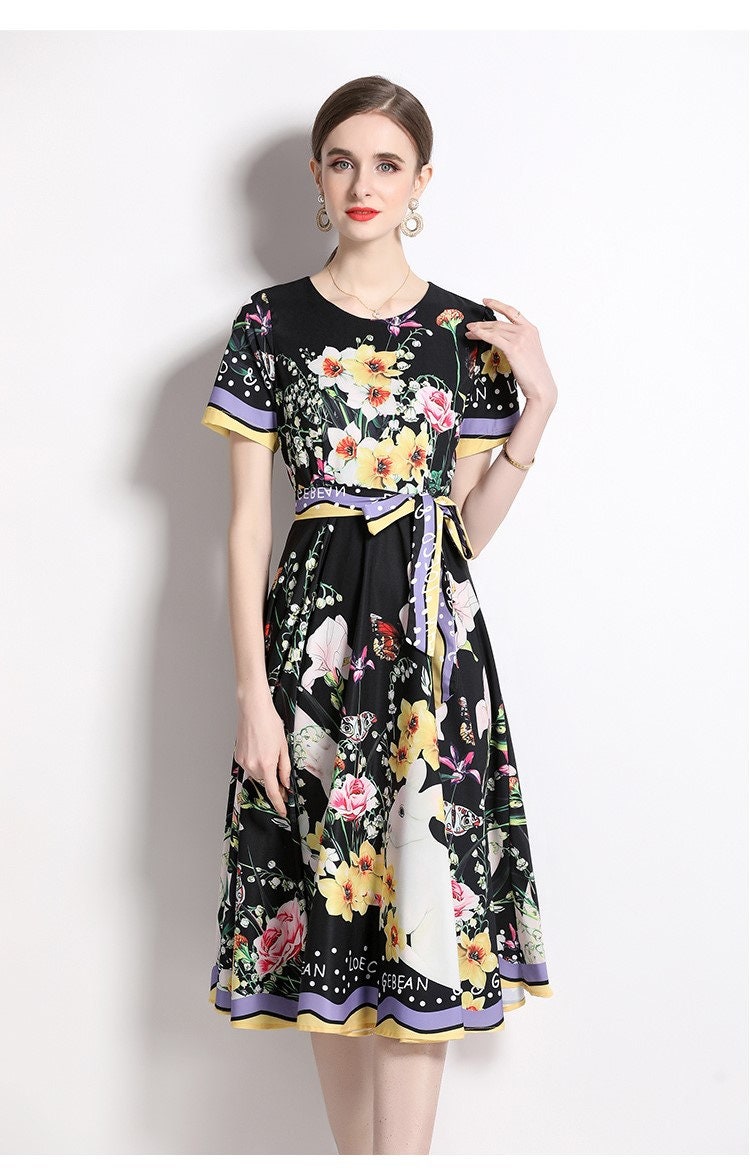 Floral print colorful midi dress, designer woman elegant long one piece dress Smart Causal/ Formal/ Party Event/ Prom Wedding/ office