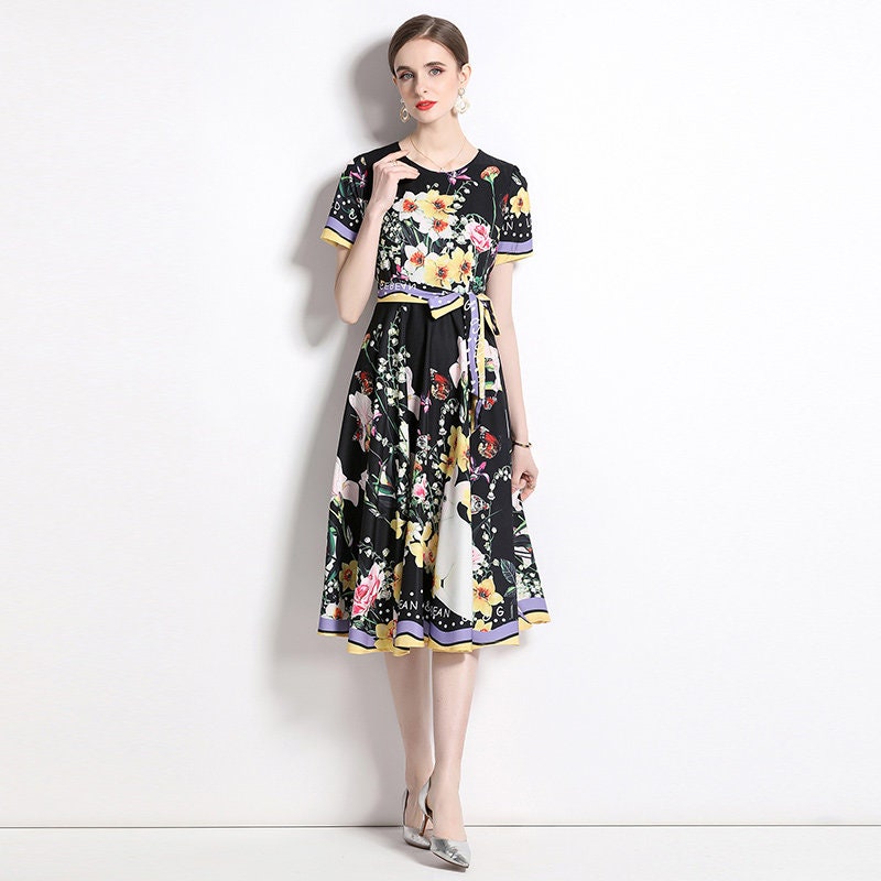 Floral print colorful midi dress, designer woman elegant long one piece dress Smart Causal/ Formal/ Party Event/ Prom Wedding/ office