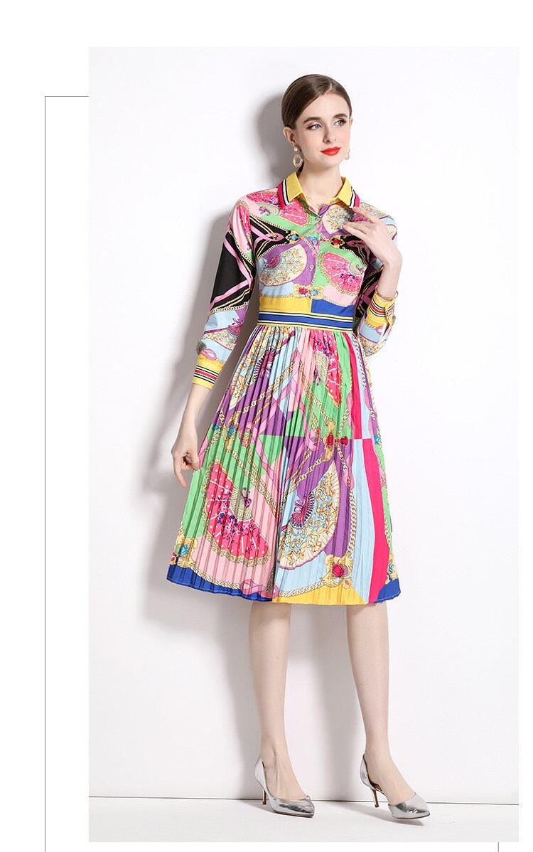 Patchwork print colorful midi dress slim cut, designer woman classic pleated dress Smart Causal/ Formal/ Party/ Prom Wedding/ office