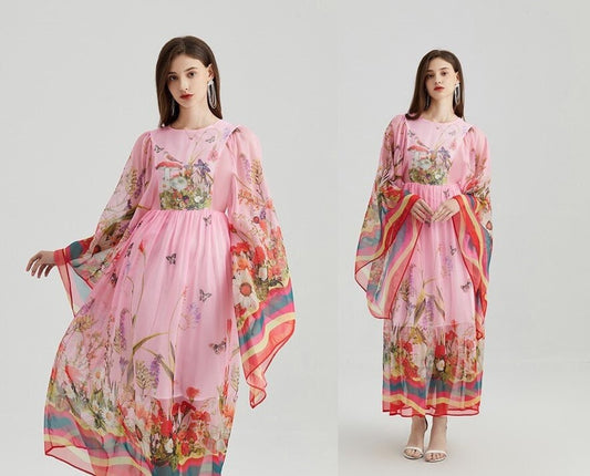 Pink floral print cape dress , designer woman elegant one piece maxi dress Smart Causal/ Formal/ Party Beach/ Prom Wedding/ gift