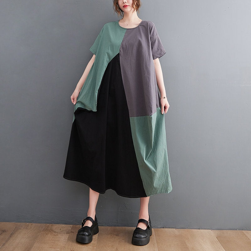 Women loose fit sweater dress, patchwork style with pocket short sleeve all seasons casual everyday one piece dress plus sized