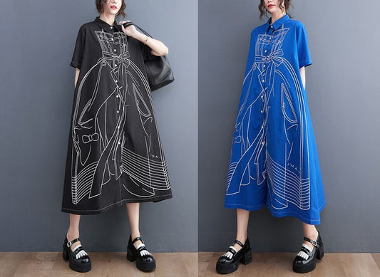 Women loose fit sweaterdress, outline sketching print with pockets short sleeve all seasons casual everyday dress