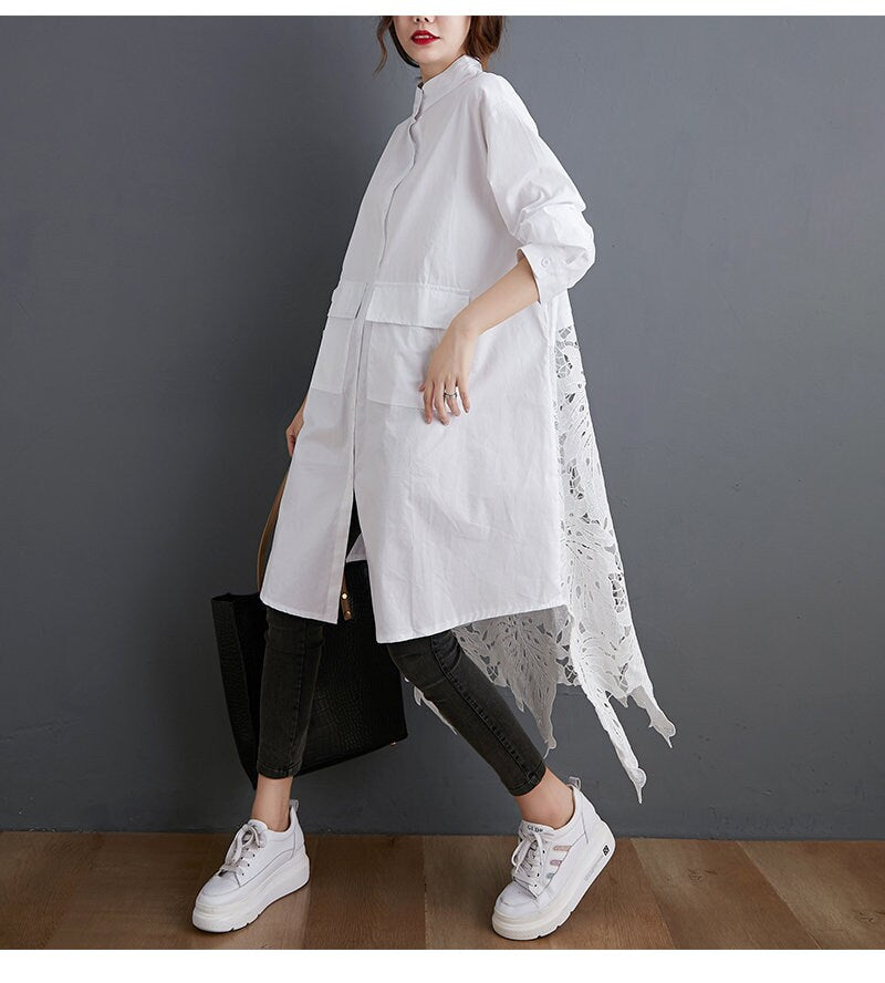 Women loose fit shirt dress with pockets, solid color lace tail long sleeve all seasons casual everyday dress sweater dress plus size