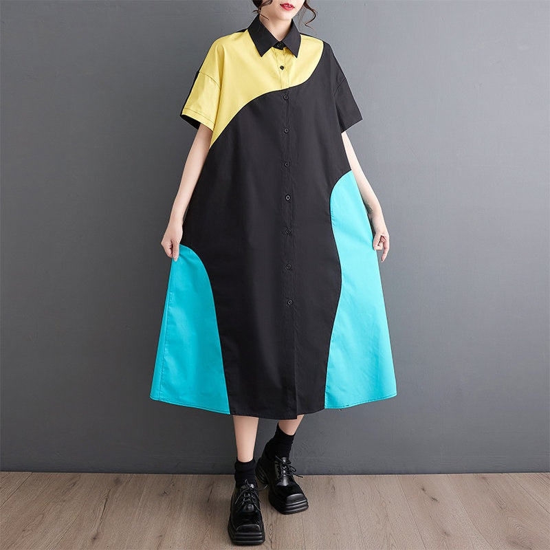 Women loose fit shirt dress with pockets, patchwork style shirt short sleeve collared all seasons casual everyday sweater dress plus size