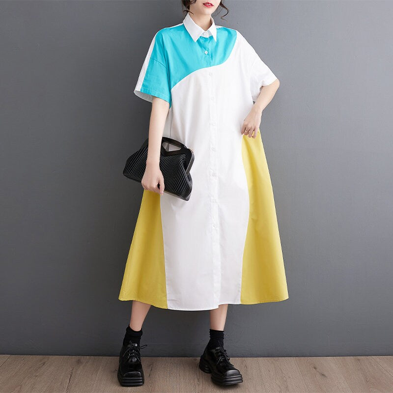 Women loose fit shirt dress with pockets, patchwork style shirt short sleeve collared all seasons casual everyday sweater dress plus size