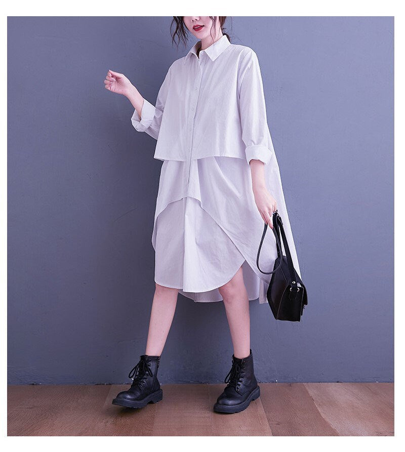 Women loose fit shirt dress layered, irregular cut style sleeve collared all seasons casual everyday sweater dress plus size