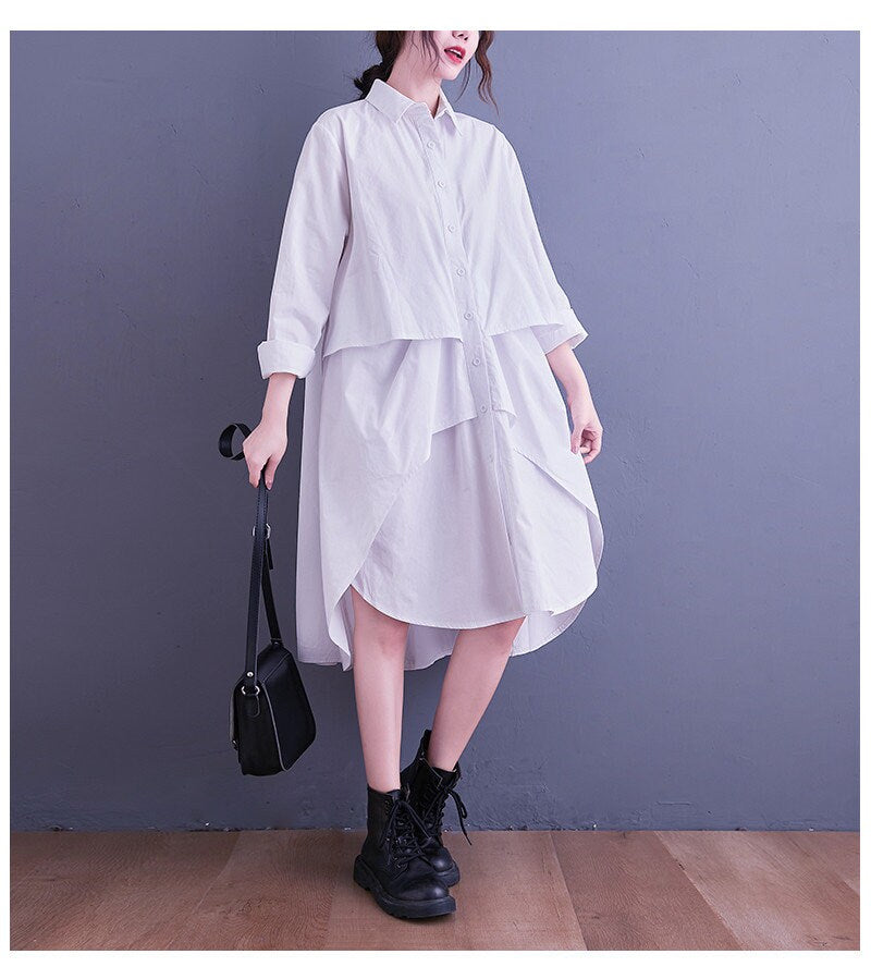 Women loose fit shirt dress layered, irregular cut style sleeve collared all seasons casual everyday sweater dress plus size