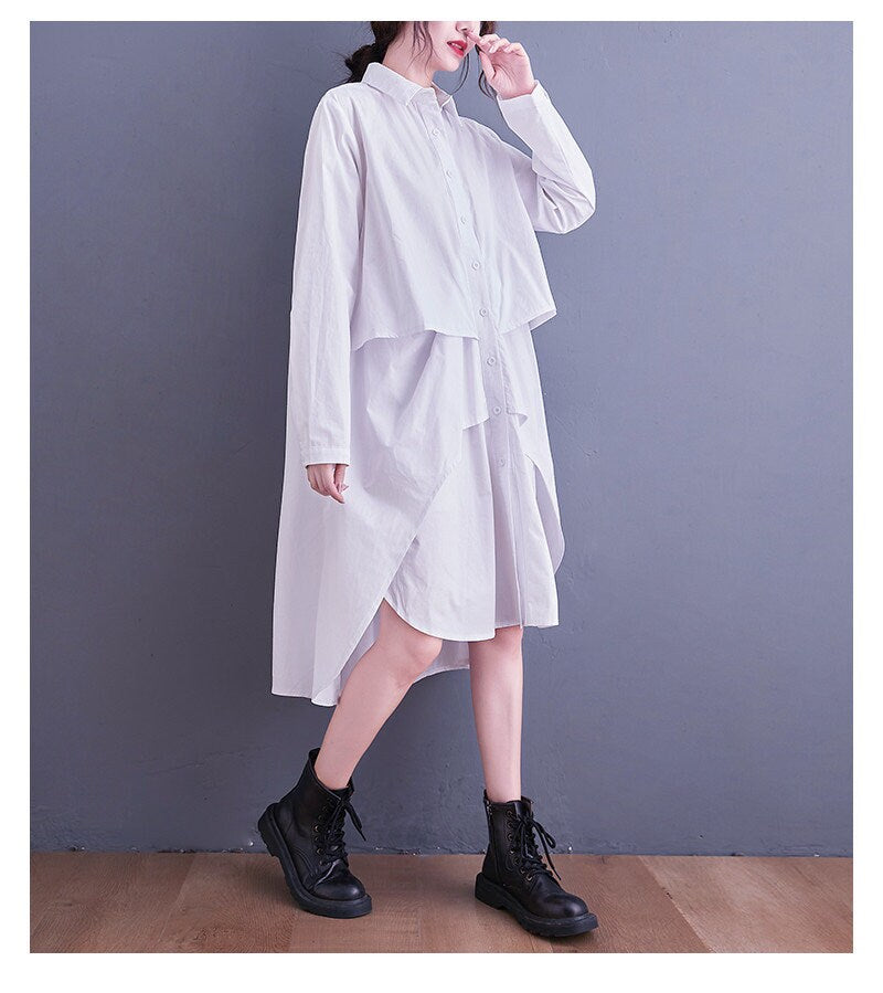 Women loose fit shirt dress layered, irregular cut style sleeve collared all seasons casual everyday sweater dress plus size