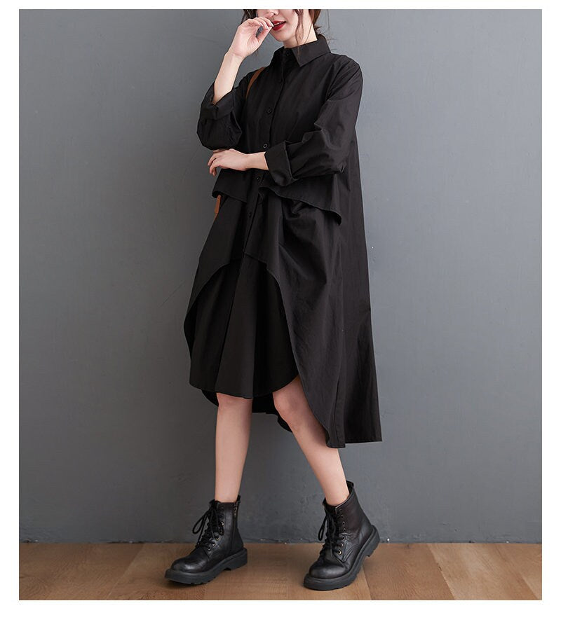 Women loose fit shirt dress layered, irregular cut style sleeve collared all seasons casual everyday sweater dress plus size