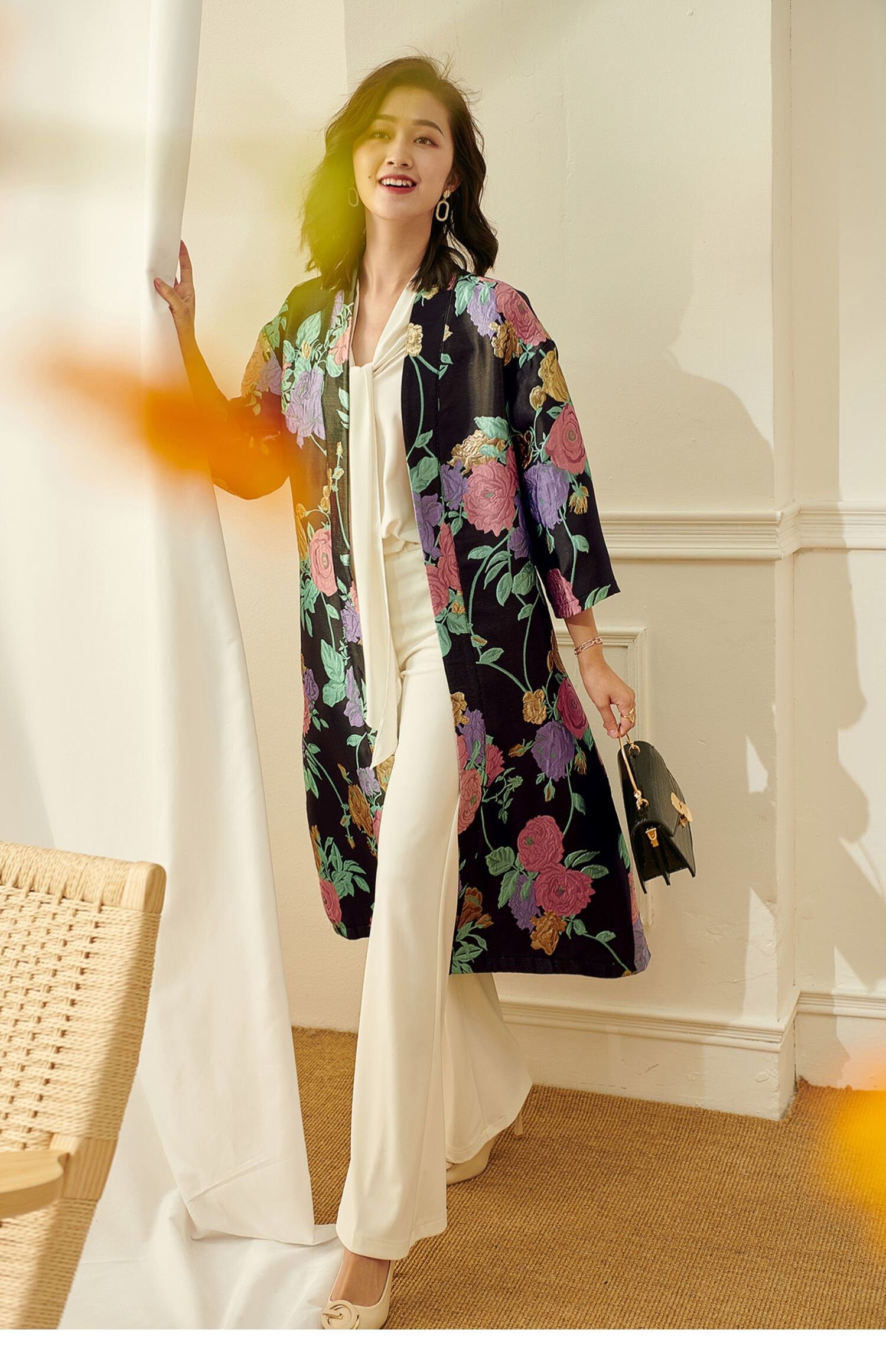 Women floral embroidery dress coat, allover pattern long duster coat maxi dress classic elegant all seasons party cocktail wedding