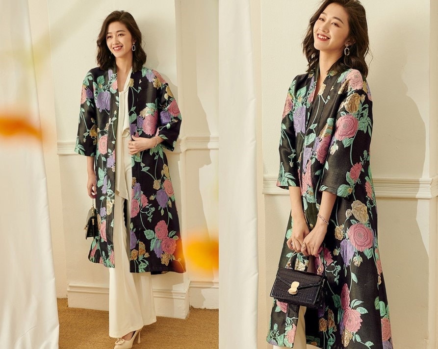 Women floral embroidery dress coat, allover pattern long duster coat maxi dress classic elegant all seasons party cocktail wedding