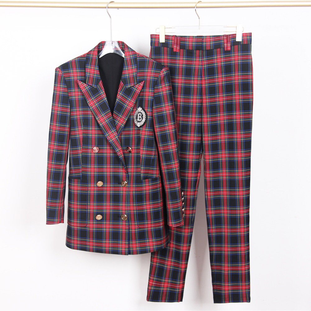 Checkered pantsuit double breast, designer women blazer + pant London preppy style spring summer suit set formal party office wedding