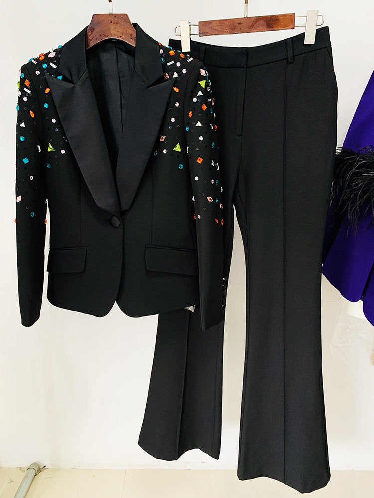 Beaded Embellished Women's Pant Suit, designer women blazer + pants colorful beads slim cut suit set formal party office wedding