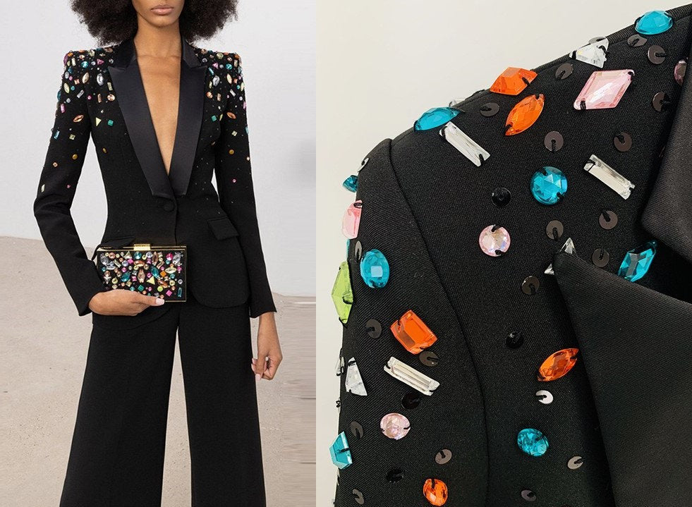 Beaded Embellished Women's Pant Suit, designer women blazer + pants colorful beads slim cut suit set formal party office wedding