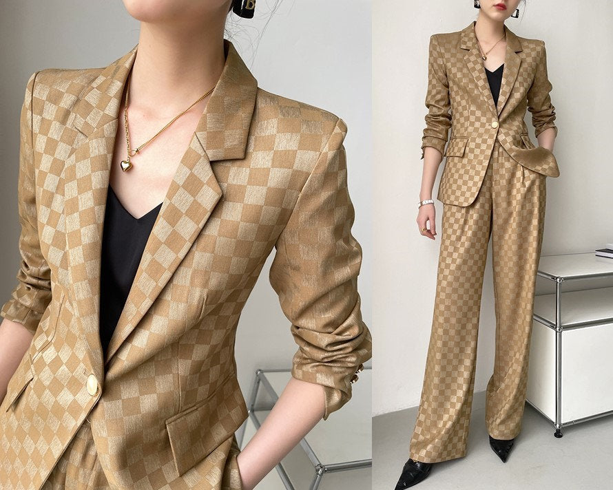 Khali checkered pantsuit, designer women blazer + high waist pant, subtle pattern spring summer suit set formal party office wedding