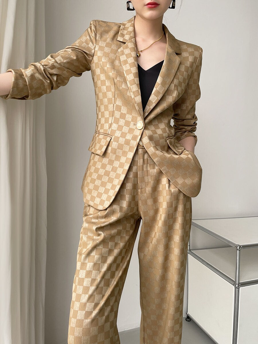 Khali checkered pantsuit, designer women blazer + high waist pant, subtle pattern spring summer suit set formal party office wedding