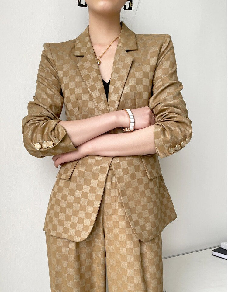 Khali checkered pantsuit, designer women blazer + high waist pant, subtle pattern spring summer suit set formal party office wedding