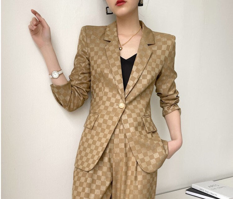 Khali checkered pantsuit, designer women blazer + high waist pant, subtle pattern spring summer suit set formal party office wedding