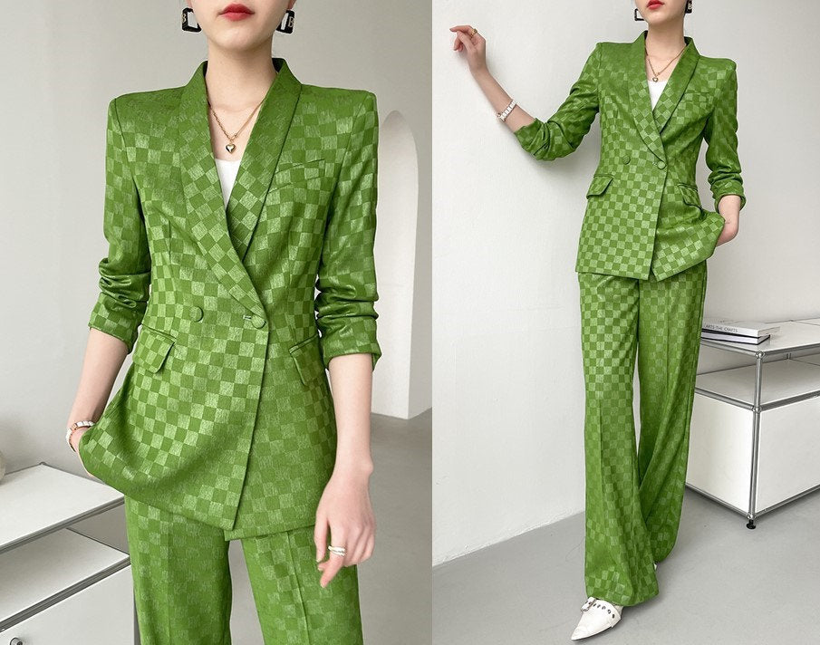 Green checkered pantsuit, designer women blazer + high waist pants subtle pattern spring summer suit set formal party office wedding