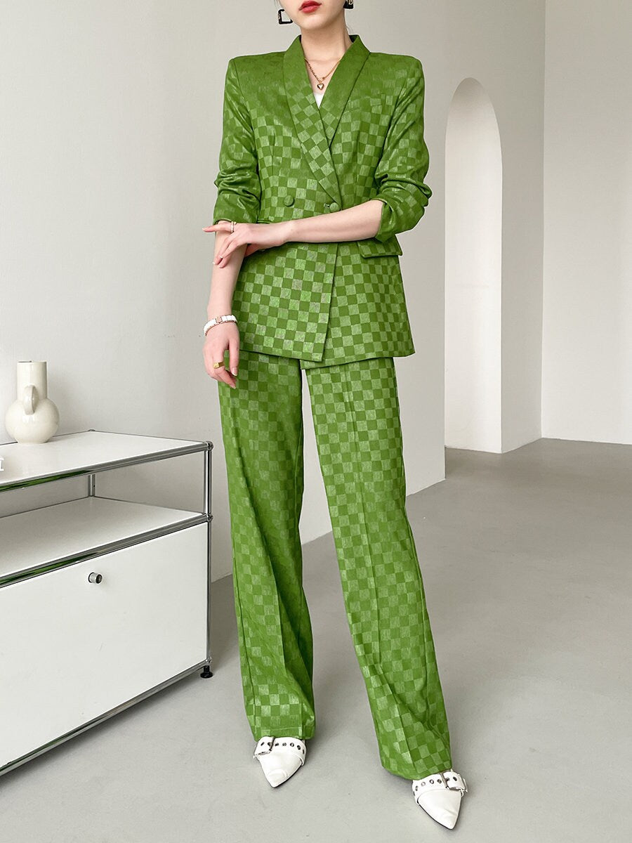 Green checkered pantsuit, designer women blazer + high waist pants subtle pattern spring summer suit set formal party office wedding