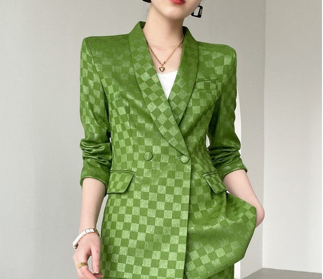 Green checkered pantsuit, designer women blazer + high waist pants subtle pattern spring summer suit set formal party office wedding