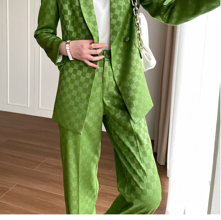 Green checkered pantsuit, designer women blazer + high waist pants subtle pattern spring summer suit set formal party office wedding