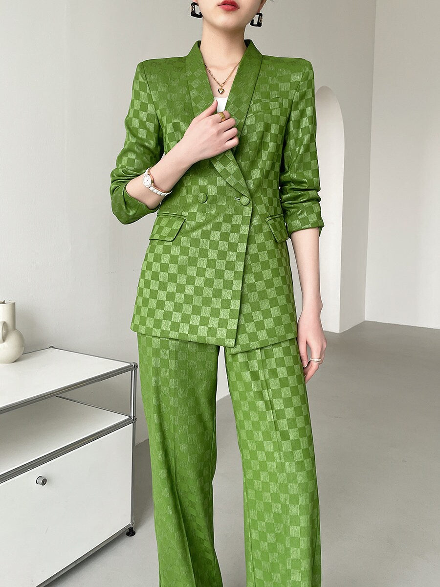 Green checkered pantsuit, designer women blazer + high waist pants subtle pattern spring summer suit set formal party office wedding