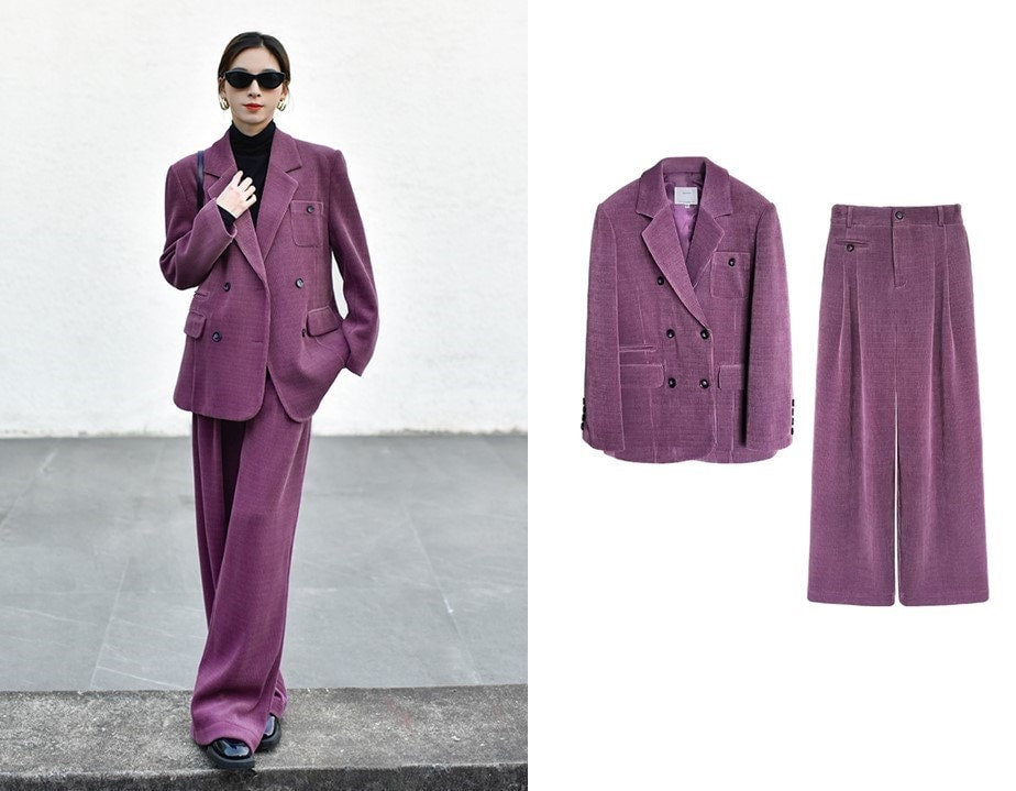 Corduroy purple/ yellow green pantsuit, designer woman modern loose fit blazer + pants, Smart Causal/ Party Event/ Prom Wedding/Gift