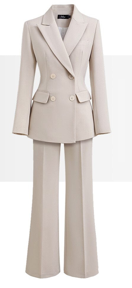 Beige women slim cut pantsuit, designer woman modern blazer + pants suit set, Smart Causal Formal Office Party Event Prom Wedding Gift