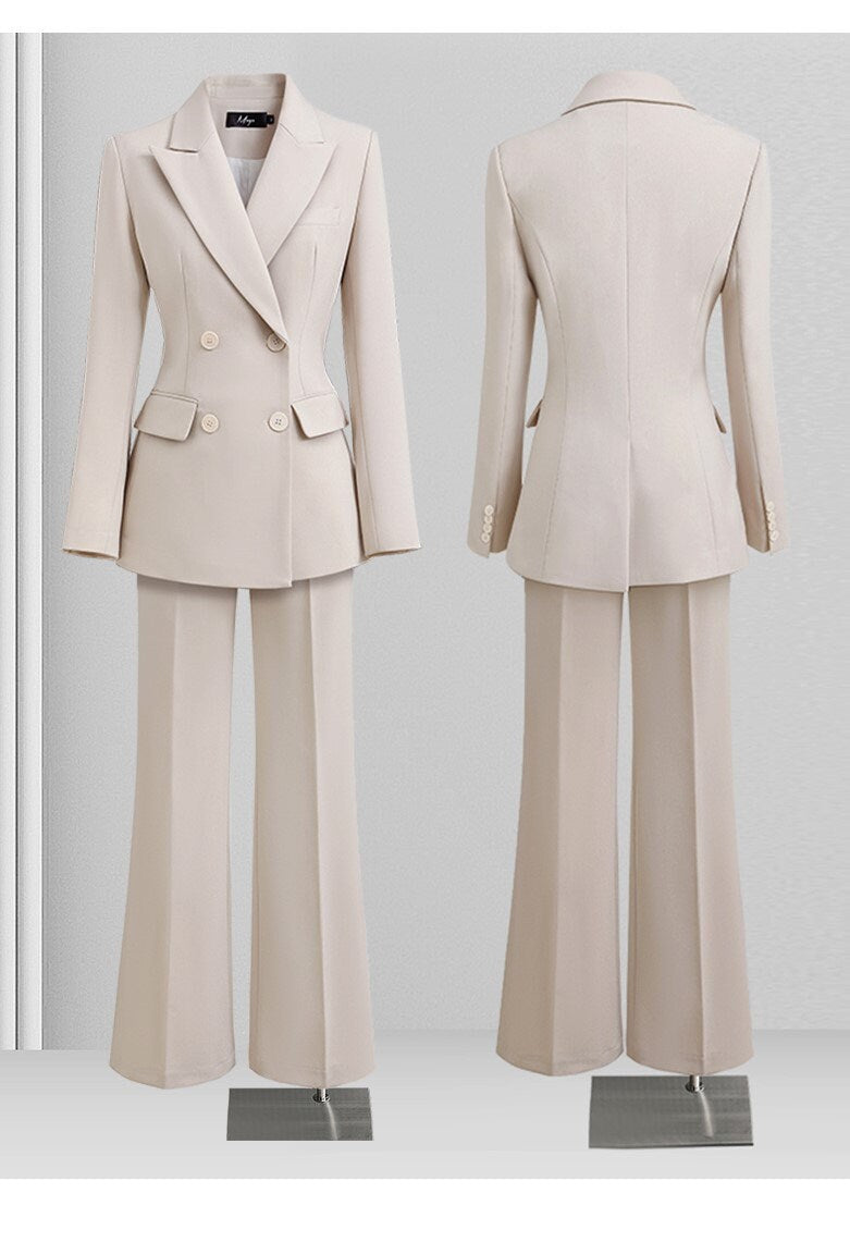 Beige women slim cut pantsuit, designer woman modern blazer + pants suit set, Smart Causal Formal Office Party Event Prom Wedding Gift