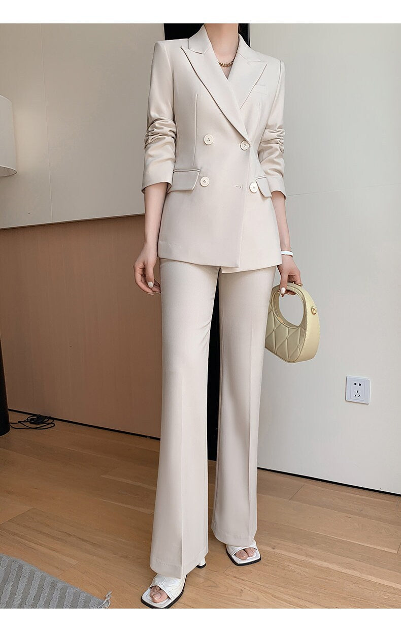 Beige women slim cut pantsuit, designer woman modern blazer + pants suit set, Smart Causal Formal Office Party Event Prom Wedding Gift