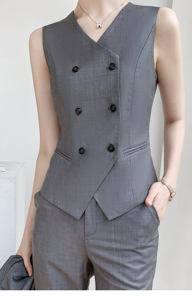 Gray women slim cut pantsuit, designer woman modern blazer + vest + pants suit set, Smart Causal Formal Office Party Event Prom Wedding