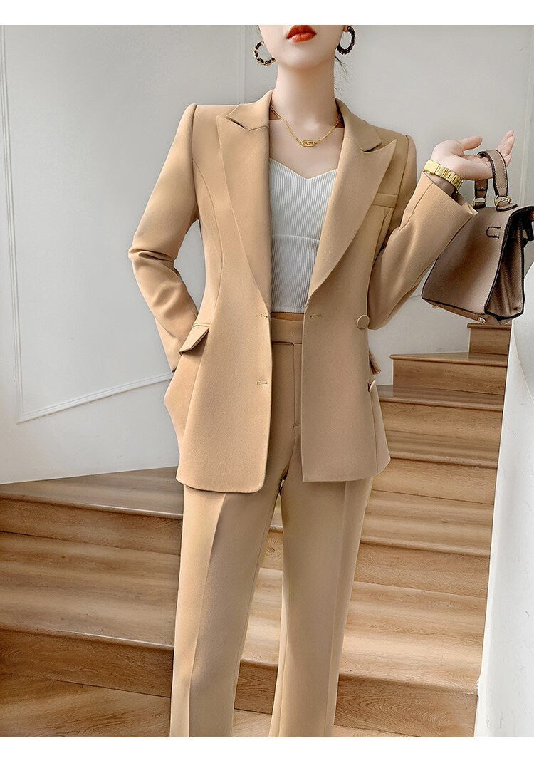 Khaki women slim cut pantsuit, designer woman modern blazer + pants suit set, Smart Causal Formal Office Party Event Prom Wedding Gift