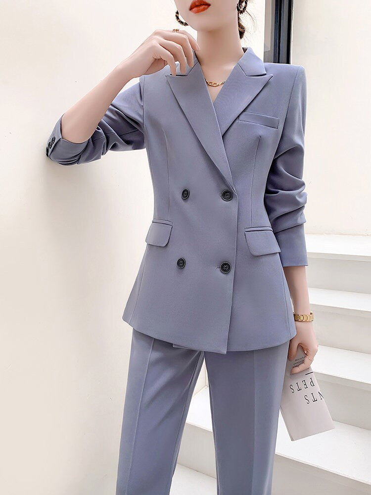 Gray women slim cut pantsuit, designer woman modern blazer + pants suit set, Smart Causal Formal Office Party Event Prom Wedding Gift