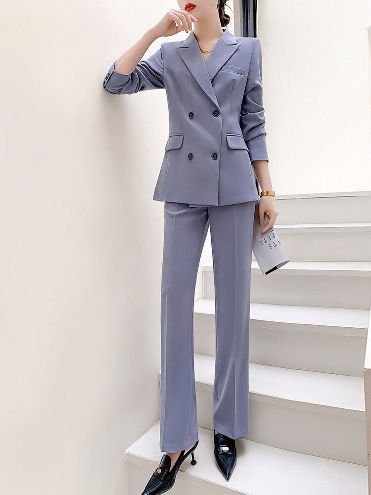 Gray women slim cut pantsuit, designer woman modern blazer + pants suit set, Smart Causal Formal Office Party Event Prom Wedding Gift