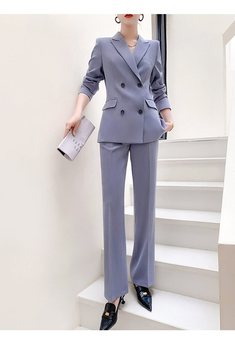 Gray women slim cut pantsuit, designer woman modern blazer + pants suit set, Smart Causal Formal Office Party Event Prom Wedding Gift