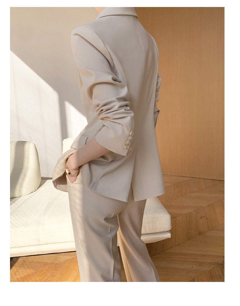 Beige women slim cut pantsuit, designer woman modern blazer + pants suit set, Smart Causal Formal Office Party Event Prom Wedding Gift