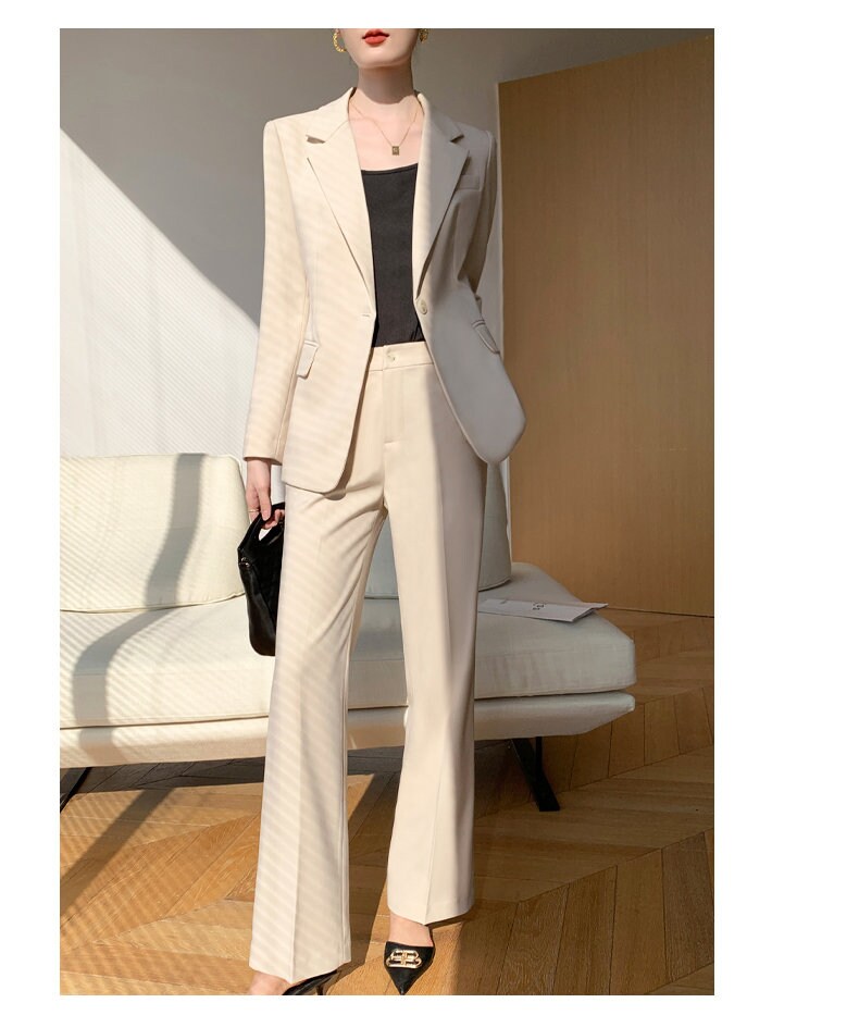 Beige women slim cut pantsuit, designer woman modern blazer + pants suit set, Smart Causal Formal Office Party Event Prom Wedding Gift