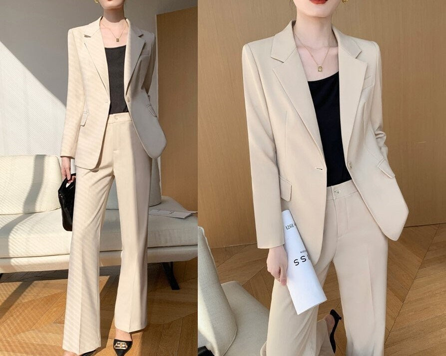 Beige women slim cut pantsuit, designer woman modern blazer + pants suit set, Smart Causal Formal Office Party Event Prom Wedding Gift