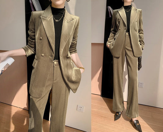 Gold velvet women slim cut pantsuit, designer woman modern blazer + pants suit set, Smart Causal Formal Office Party Event Prom Wedding Gift