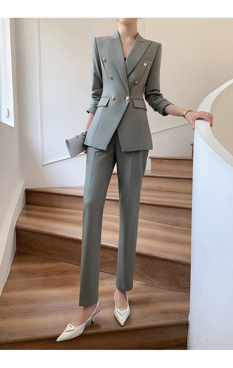 Dim gray velvet women slim cut pantsuit, designer woman modern blazer + pants suit set, Smart Causal Formal Office Party Event Prom Wedding