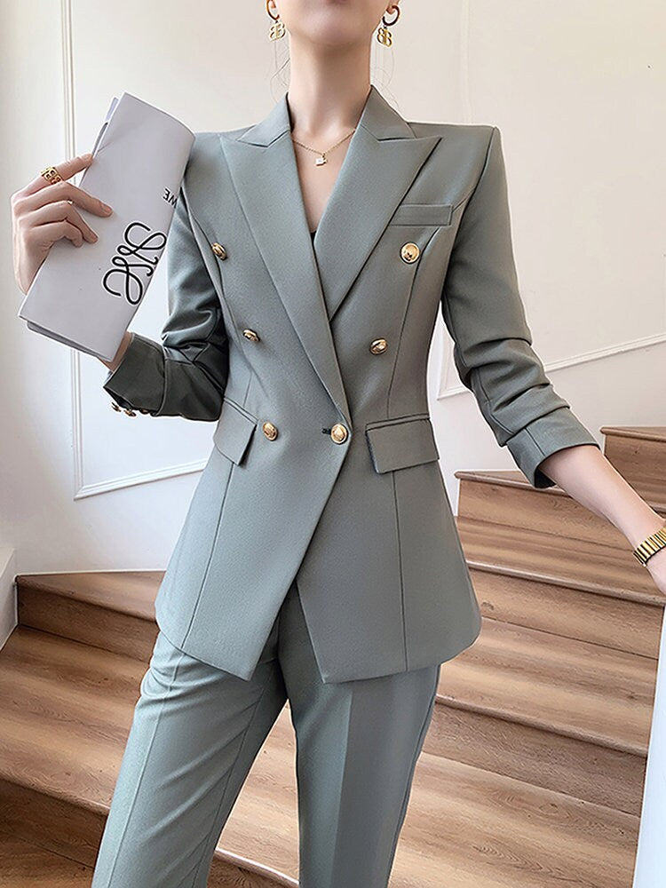 Dim gray velvet women slim cut pantsuit, designer woman modern blazer + pants suit set, Smart Causal Formal Office Party Event Prom Wedding