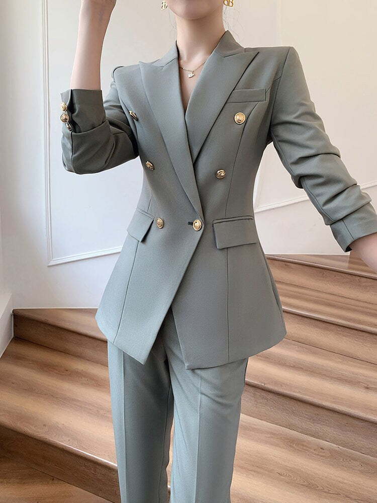 Dim gray velvet women slim cut pantsuit, designer woman modern blazer + pants suit set, Smart Causal Formal Office Party Event Prom Wedding