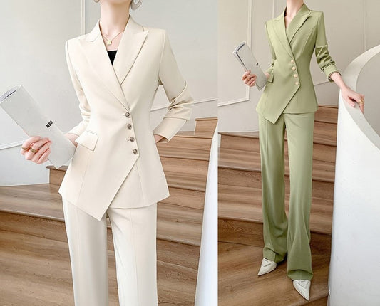 Ivory/Mist Green velvet women slim cut pantsuit, designer woman modern blazer + pants suit set, Causal Formal Office Event Prom Wedding