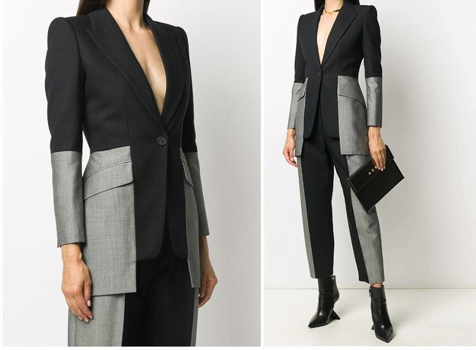 Patchwork women slim cut pantsuit, various size/ custom made, designer modern blazer + pants suit set, Smart Causal Formal, Office, Wedding