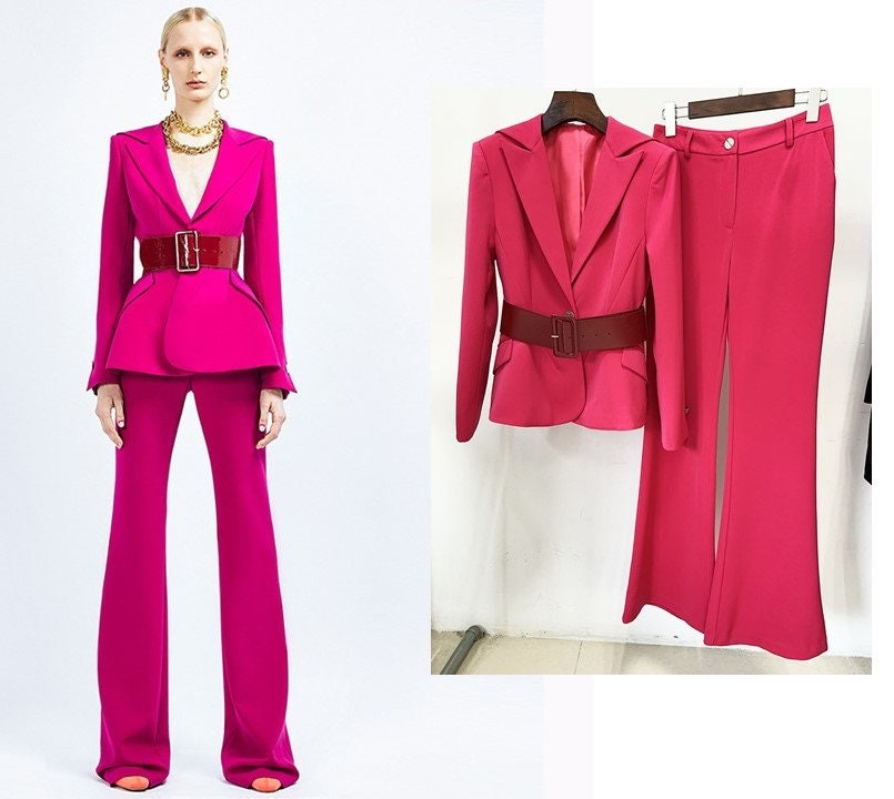 Women's Navy Hot Pink Belted Pantsuit, Mid-length Jacket Coat Blazer+ Long Pants Trousers Suit formal party wedding prom office