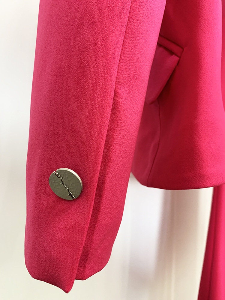 Women's Navy Hot Pink Belted Pantsuit, Mid-length Jacket Coat Blazer+ Long Pants Trousers Suit formal party wedding prom office