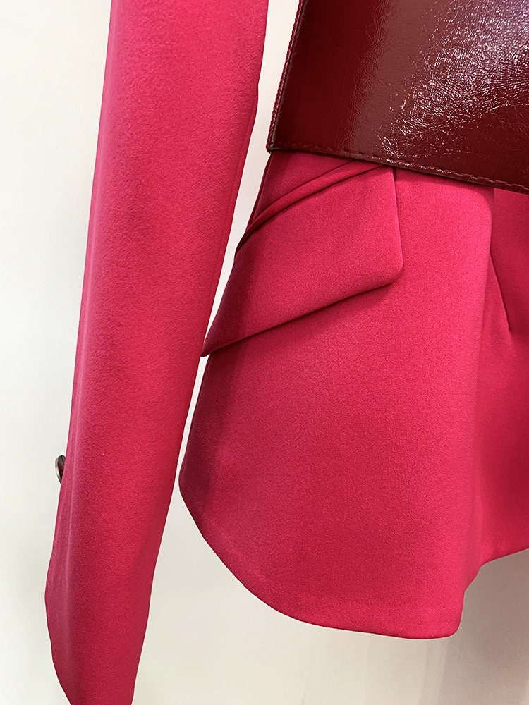 Women's Navy Hot Pink Belted Pantsuit, Mid-length Jacket Coat Blazer+ Long Pants Trousers Suit formal party wedding prom office